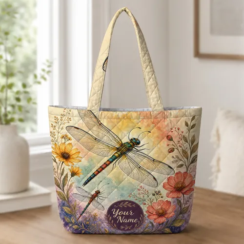 Colorful Dragonfly And Wildflower Garden For Everyday Carry Gifts And Nature Lovers Quilted Tote Bag