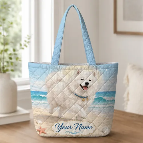 Smiling Samoyed Beach Dog Coastal Summer Gift For Dog Moms And Seaside Travelers Quilted Tote Bag