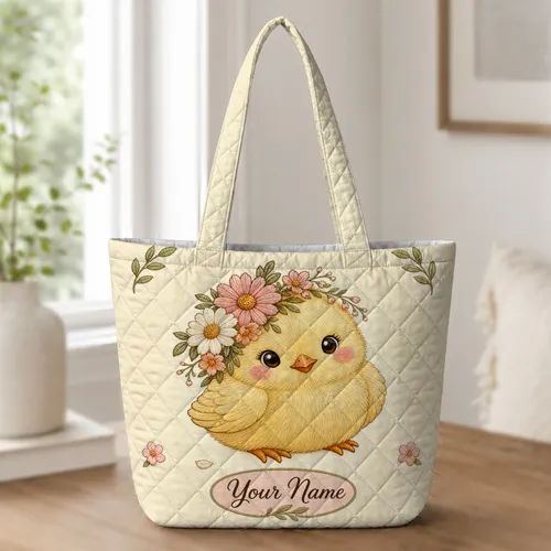 Baby Chick With Daisy Flower Crown for Spring Easter Gifts and Cottagecore Lovers Quilted Tote Bag