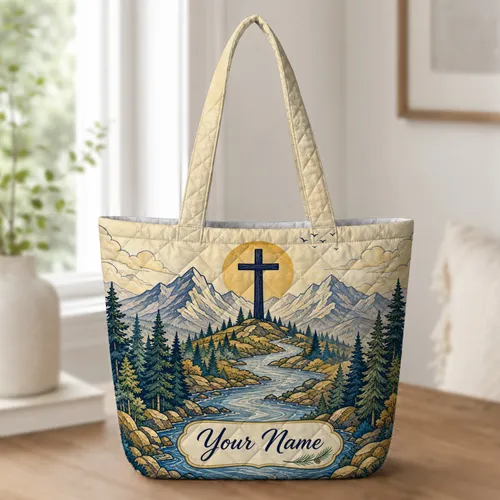 Christian Mountain Cross River Sunrise Gift For Faithful Women Outdoor Adventures Quilted Tote Bag