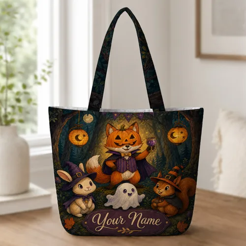 Pumpkin Fox Woodland Halloween Gift For Moms Fall Travel And Trick Or Treat Nights Quilted Tote Bag