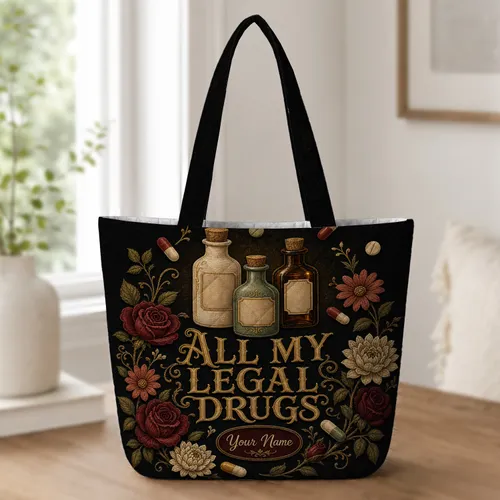 Vintage Apothecary Pills And Floral Gothic Humor For Halloween Pharmacy Lovers Gift Quilted Tote Bag