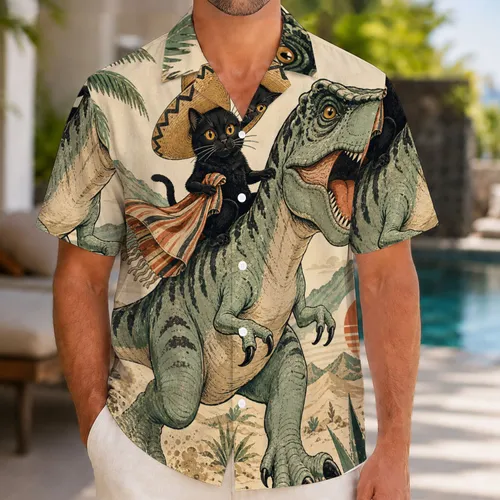 Black Cat Riding T-Rex Retro Aloha Adventure For Beach Vacation Dinosaur Fans Trip Hawaiian Shirt