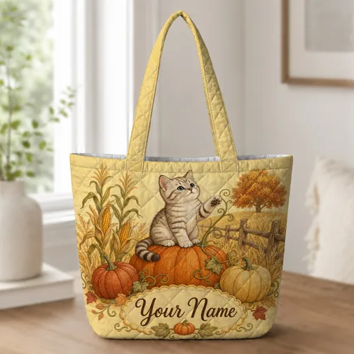 Autumn Tabby Kitten And Pumpkins for Harvest Market Trips and Fall Cat Lovers Gift Quilted Tote Bag