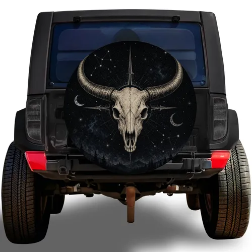Horned Skull And Moon Compass Star Motif For Gothic Night Drive Adventurers And Campers Spare Tire Cover
