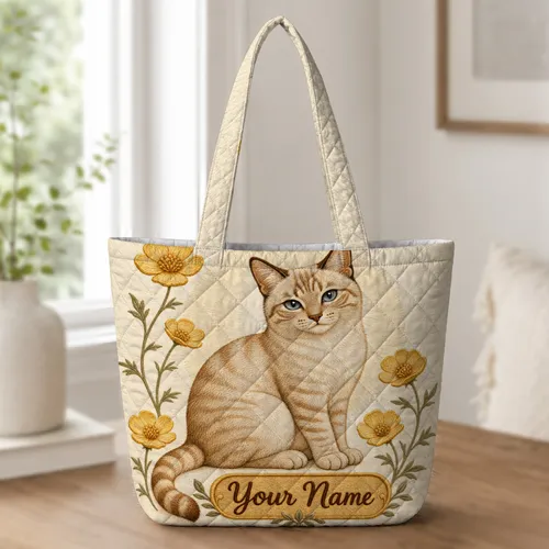 Light Beige Tabby Cat With Buttercups For Cozy Weekend Market Trips And Cat Lovers Quilted Tote Bag