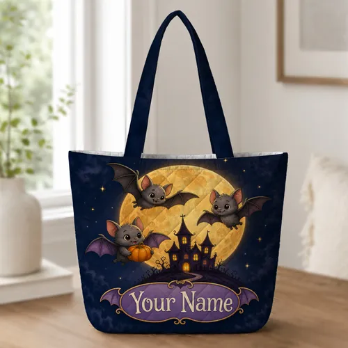 Cute Baby Bats Haunted Castle Harvest Moon Halloween Gift For Trick Or Treat Fans Quilted Tote Bag