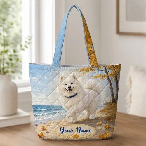 Samoyed Dog Autumn Shoreline With Golden Leaves For Coastal Walks And Dog Lovers Quilted Tote Bag