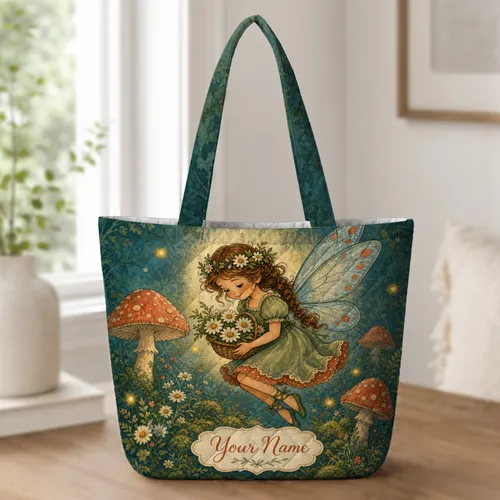 Woodland Flower Fairy Daisy Basket Gift For Cottagecore Garden Nature Enthusiasts Quilted Tote Bag