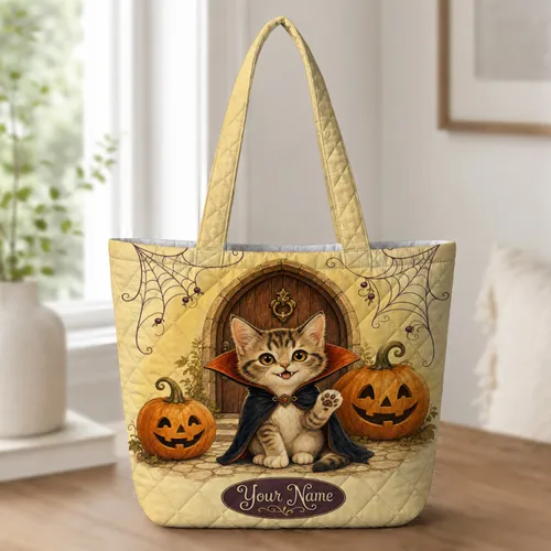 Vampire Kitten With Pumpkins Halloween Party Trick Or Treat Gift For Cat Lovers Quilted Tote Bag