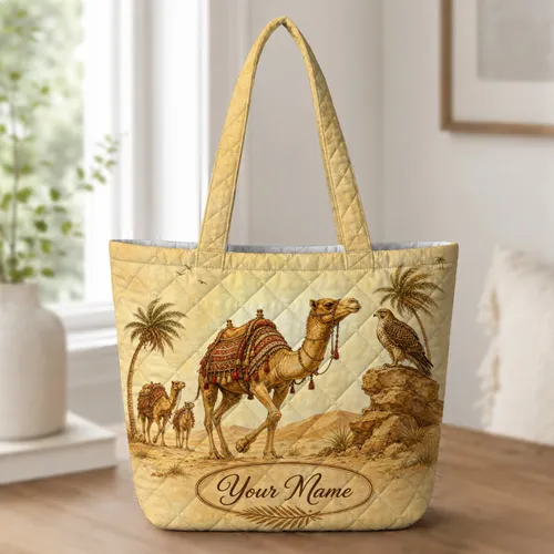 Camel And Hawk Desert Caravan For Travel And Everyday Style Gift For Women Nature Lovers Quilted Tote Bag
