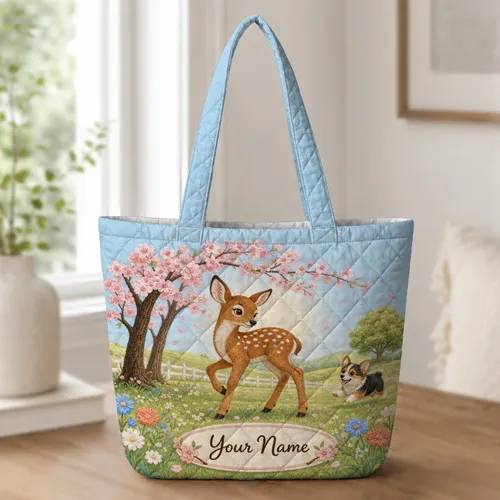 Fawn And Corgi Cherry Blossom Meadow Spring Gift For Nature Loving Women And Moms Quilted Tote Bag