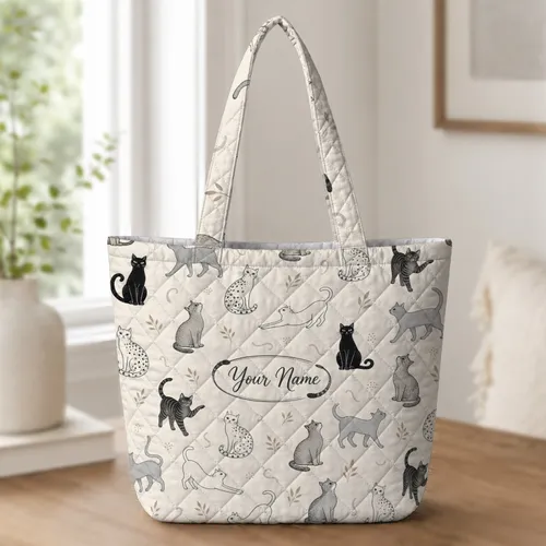 Elegant Cat Motifs for Daily Work, Travel, Yoga And Weekend Getaways for Cat Lovers Quilted Tote Bag