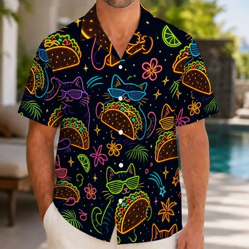 Neon Cats With Tacos Under Starry Sky for Tropical Parties and Night Festival Style Hawaiian Shirt