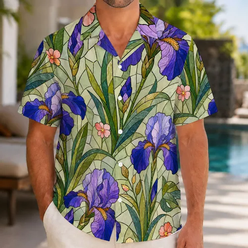 Stained Glass Iris Floral Mosaic For Resort Vacations And Garden Party Summer Outfits Hawaiian Shirt