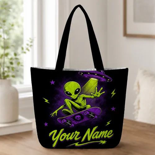 Neon Alien UFO Skateboard Streetwear Travel Gift For Skaters And Space Sci-Fi Fans Quilted Tote Bag