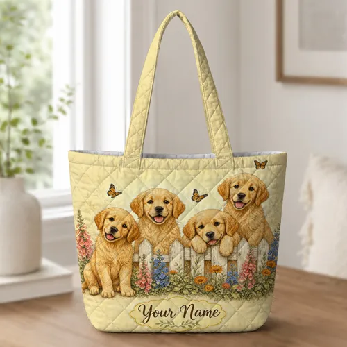 Golden Retriever Puppies With Picket Fence Cottage Garden Travel Gift for Dog Lovers Quilted Tote Bag