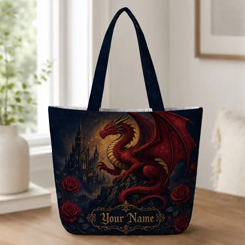 Red Dragon Gothic Castle Fantasy For Dark Academia Gifts And Everyday Adventurers Quilted Tote Bag