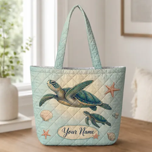 Sea Turtle Coastal Motif For Beach Trips, Ocean Travel, And Marine Animal Lovers Quilted Tote Bag