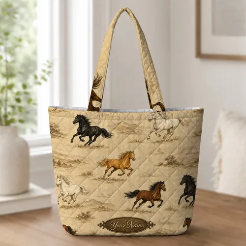 Vintage Running Horses Western Ranch Style for Daily Commutes and Weekend Travel Quilted Tote Bag