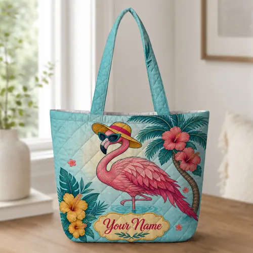 Pink Flamingo In Sun Hat For Beach Travel And Tropical Vacation Getaways For Her Quilted Tote Bag