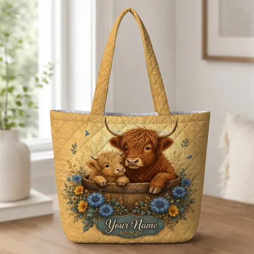 Highland Cow Floral Barrel Rustic Farmhouse Gift For Country Lovers And Daily Errands Quilted Tote Bag