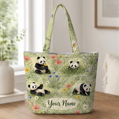 Cute Panda Meadow Florals For Work Travel Shopping Commutes And Spring Gift Giving Quilted Tote Bag