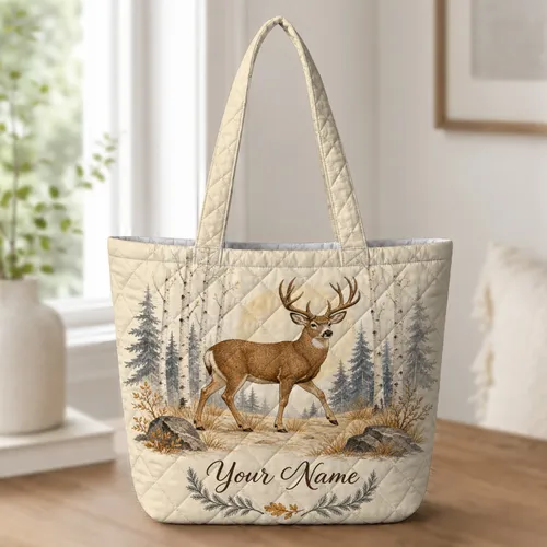Nordic Mule Deer Birch Forest Scene for Outdoor Nature Lovers and Weekend Adventures Quilted Tote Bag