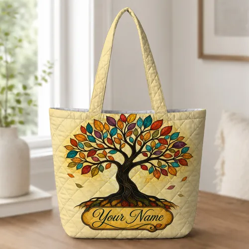 Stained Glass Tree Of Life Autumn Leaves Gift For Nature Lovers And Fall Travel Days Quilted Tote Bag