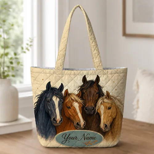 Four Horse Heads Equestrian Western Ranch Style Gift For Cowgirls And Horse Lovers Quilted Tote Bag