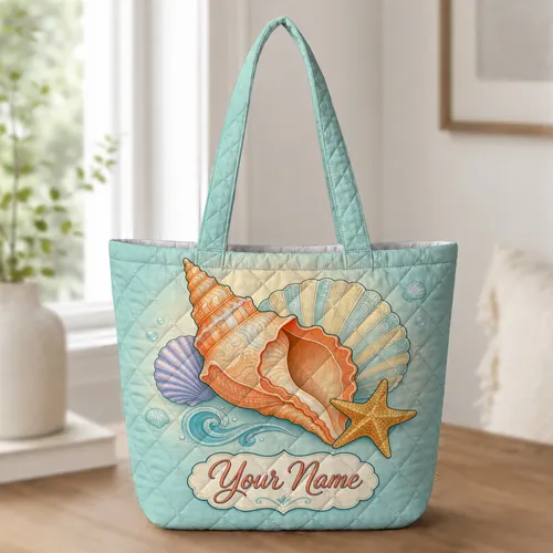 Conch Shell Starfish Seaside Beach Travel Accessory For Coastal Summer Beach Getaways Quilted Tote Bag