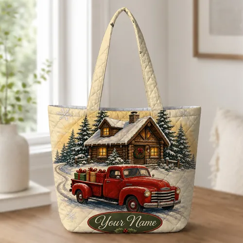 Snowy Log Cabin Red Pickup Christmas Gifts For Holiday Shopping And Winter Travel Quilted Tote Bag