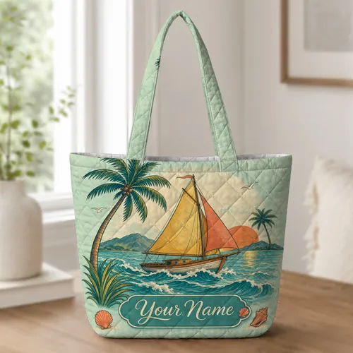 Vintage Sailboat And Palm Trees Coastal Travel Gift For Sailing Beach Enthusiasts Quilted Tote Bag