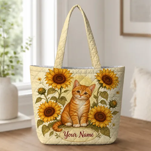 Orange Tabby Cat With Golden Sunflowers For Summer Travel And Cat Lover Gift Giving Quilted Tote Bag
