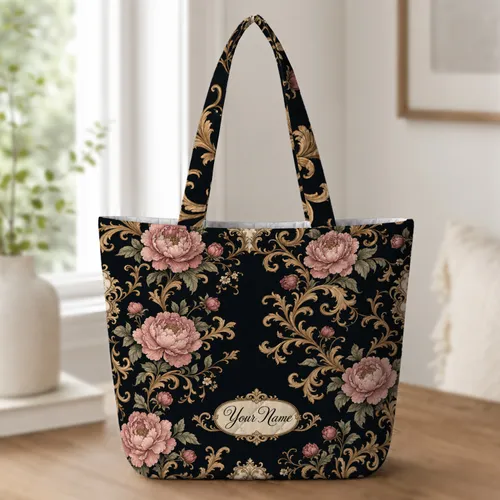 Victorian Baroque Pink Peonies And Gold Scrolls For Gothic Travel And Daily Style Quilted Tote Bag