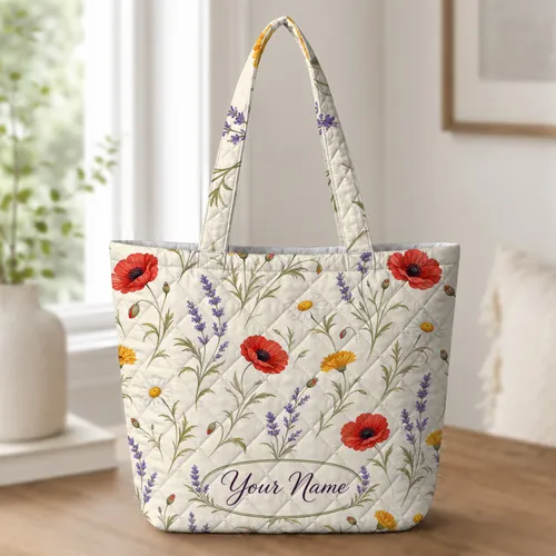 Wildflower Meadow Poppies, Daisies And Lavender For Garden Lovers Weekend Travel Gifts Quilted Tote Bag