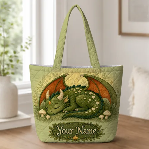 Sleeping Forest Dragon Autumn Gift for Fantasy Lovers, Readers and Storybook Dreamers Quilted Tote Bag