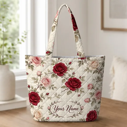 Crimson And Blush Rose Garden Name Gift For Romantic Weddings And Floral Enthusiasts Quilted Tote Bag