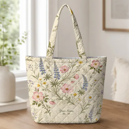 Cream Wildflower Meadow With Lavender For Cottage Garden Travel And Everyday Gifts Quilted Tote Bag