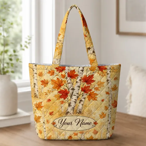 Autumn Birch Forest And Maple Leaves For Thanksgiving Travel And Fall Nature Lovers Quilted Tote Bag