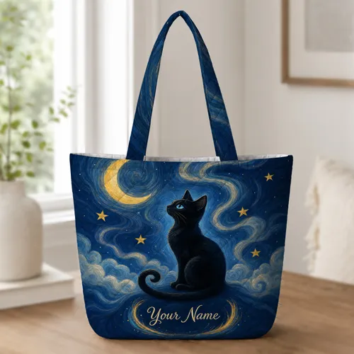 Black Cat Crescent Moon Swirling Night Sky For Weekend Travel Cat Lovers Gift Quilted Tote Bag