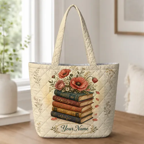 Vintage Books And Wildflowers For Library Visits, Book Club Gifts, And Reader Errands Quilted Tote Bag