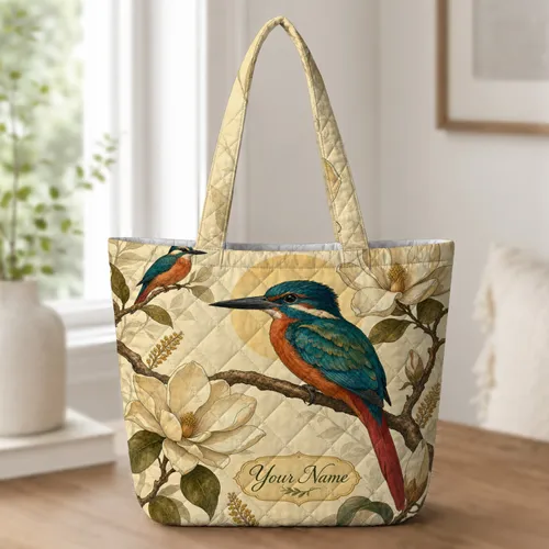 Kingfisher And Magnolia Birds For Nature Lovers Weekend Travel And Holiday Gifting Quilted Tote Bag
