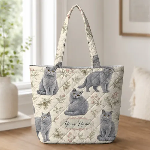 British Shorthair Cats With Pine Sprigs For Everyday Travel And Cat Lover Gifts Quilted Tote Bag