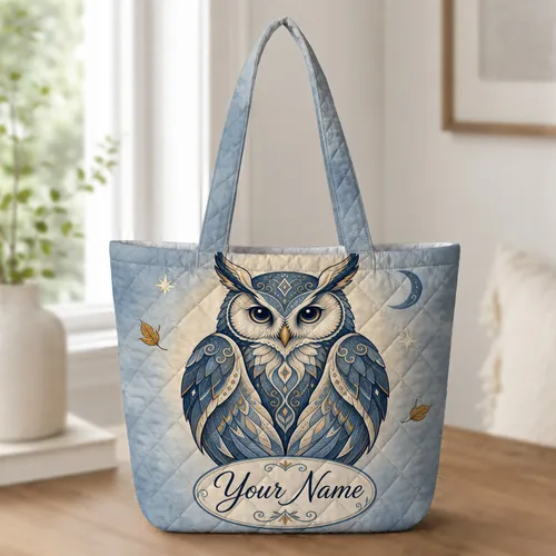 Majestic Folk Owl Name Gift for Nature Lovers Halloween Thanksgiving Christmas Quilted Tote Bag