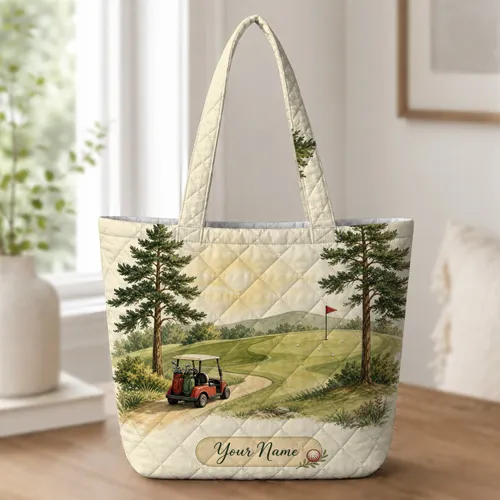 Vintage Golf Course Cart And Pine Trees For Weekend Getaways And Golf Travel Lovers Quilted Tote Bag
