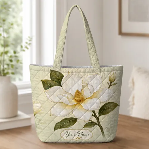 White Magnolia Floral Southern Garden Gift For Flower Lovers, Travel And Everyday Use Quilted Tote Bag