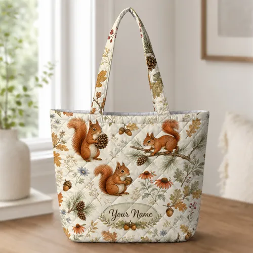 Autumn Squirrels With Acorns For Thanksgiving Market Trips And Nature Lover Gifts Quilted Tote Bag