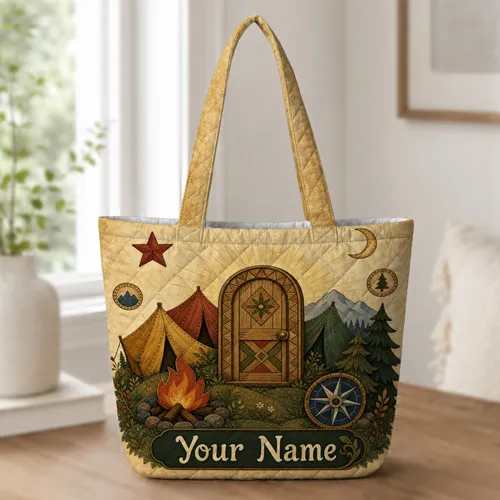 Vintage Camping Cabin Campfire Compass For Outdoor Adventures And Road Trip Lovers Quilted Tote Bag