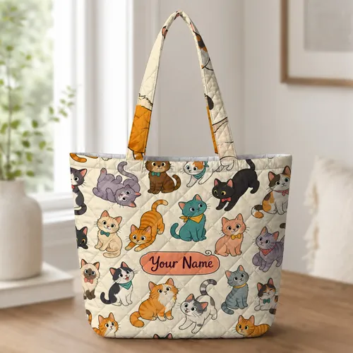 Colorful Kawaii Cat Portraits for Everyday Travel, Overnight Trips and Cat Lovers Quilted Tote Bag